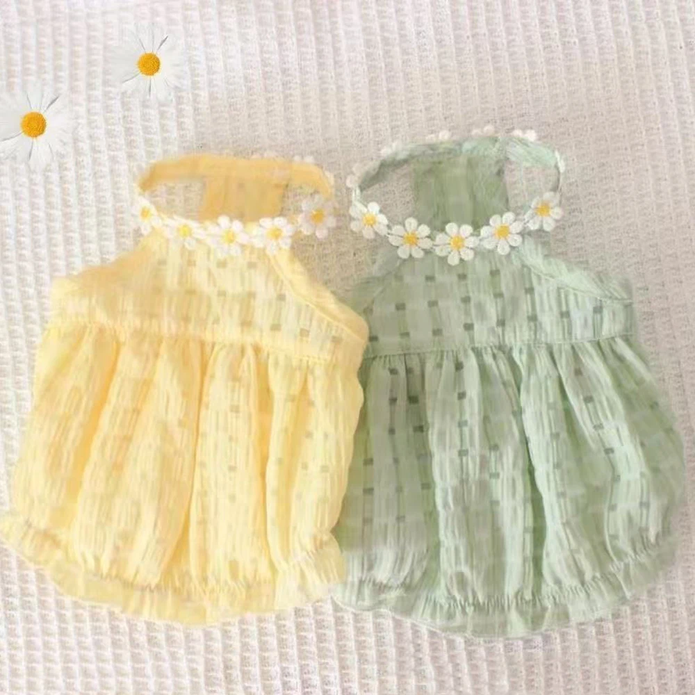 kf-S23ef63ed0d4347c9bb15770e4827f412Y Breathable Cat Skirt Floral Wreath Collar Pretty Cute Small Dog Skirt Thin Small Dog Dress Mini Puppy Princess Dress - Image 1