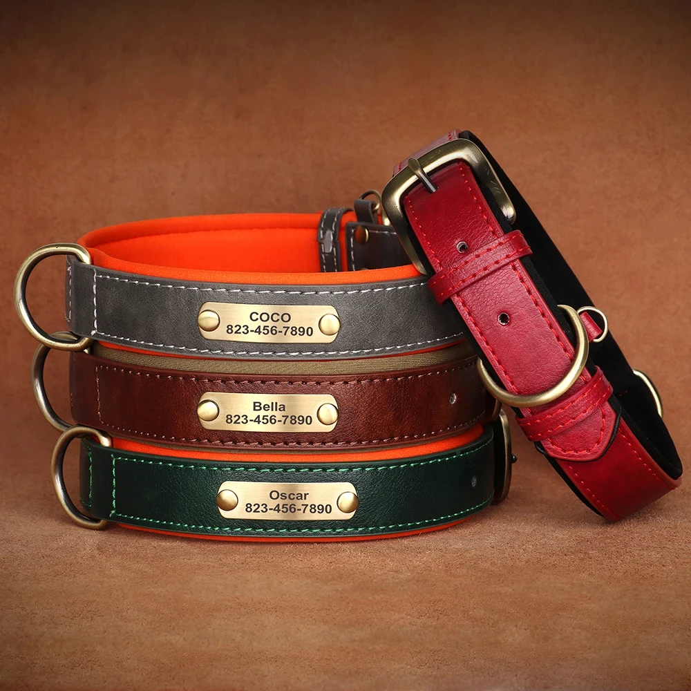 kf-S38c4c9d3888d495e8ba1efa391cb7cb6i Personalized Customized Leather ID Nameplate Dog Collar Soft Padded Dogs Collars Free Engraving Name for Small Medium Large Dogs - Image 1
