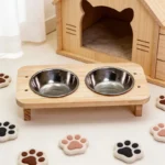 Indoor Pet Feeder with Solid Wood Elevated Stand, Neck-Protecting Design, Stainless Steel Dual Food and Water Bowls for Cats and Dogs