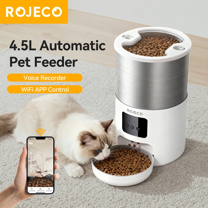 kf-S1145092e633544739fe50f7648c79613j ROJECO Stainless Steel 4.5L Cats Feeder WiFi App Remote Control Voice Record Smart Cat Kibble Dispenser For Dog Pet Accessories - Image 1