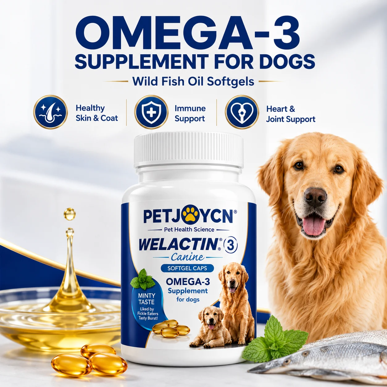 kf-S1147511cbd1a4c2c83fdc5a8e3499ba93 OEM Omega-3 Fish Oil Softgels for Dogs EPA DHA Skin Coat Joint Support Private Label 120 Softgels - Image 1