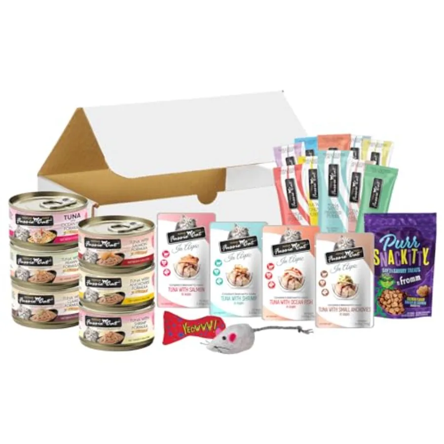 kf-S1c4573f7ab884b65b0b724348adbc8b9u Seafood Lovers Cat Food Gift Box 6 Fussie-Cat Tuna and Aspic Cans 4 Aspic Pouches 10 Gourmet Puree Treat Tubes Salmon Cat Treat - Image 1