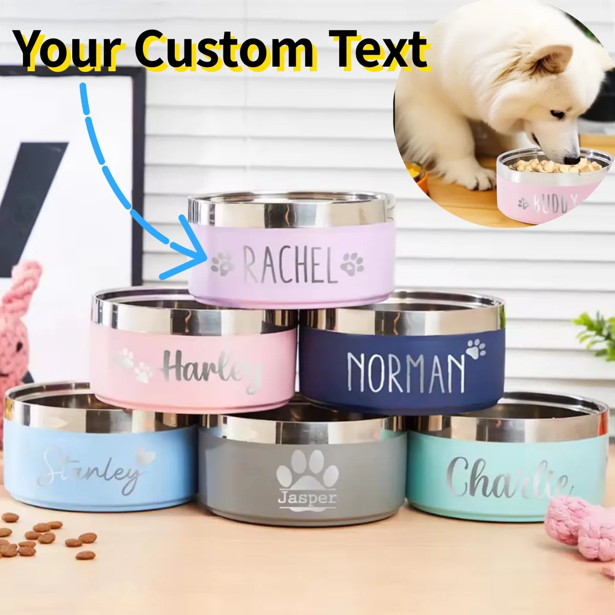 kf-S1e6d2971ea864cfa83be4c37b04e6b205 Personalized Dog Cat Food Water Bowls With Name Stainless Steel Colored Pet Bowl Custom Pet Accessory Gift Treat Decals Labels - Image 1