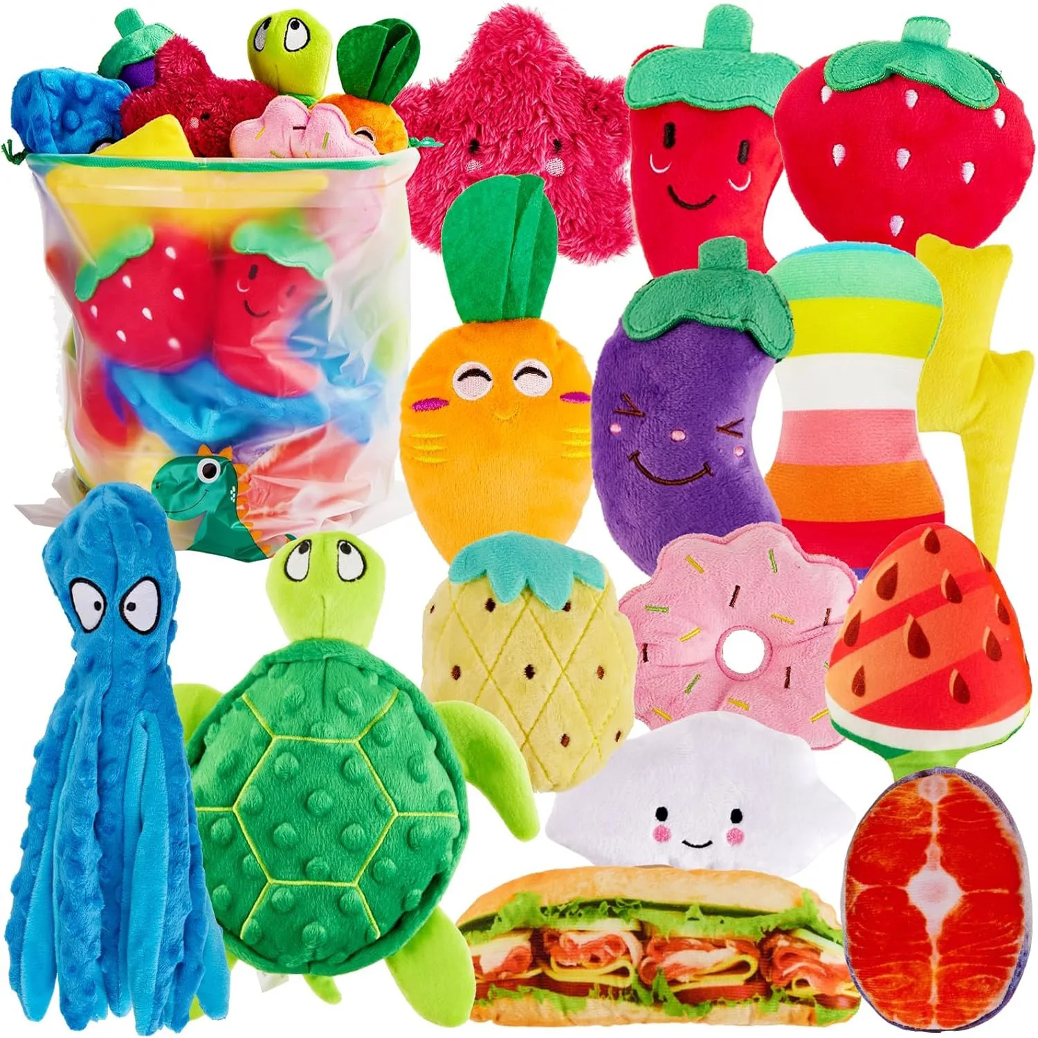 kf-S278bec54effe497db762783ea7bdda575 20PCS Random Squeaky Dog Toys Cute Interactive Pets Toys Bulk for Small Medium Dogs Soft Plush Fruit Vegetables Animals Set - Image 1