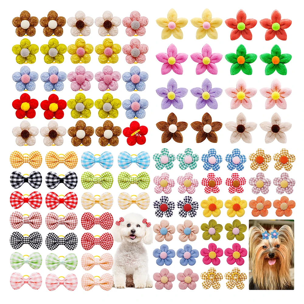 kf-S2a332d73f61d43ed98bdbe1d42d028a6S 10/20pcs Flower Shape Dog Hair Bows Dog Bow Grooming Plaid Pure Mix Colors Cat Hair Bowknot Rubber Bands For Small Dogs Supplies - Image 1