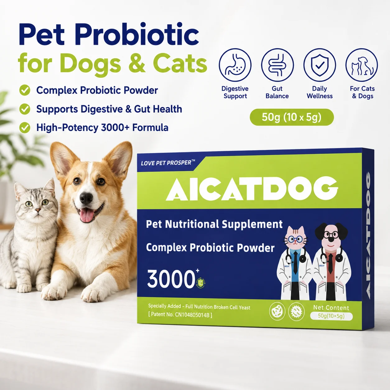 kf-S2d46f77abc774ce1b4ecf54ebee3f4b5c LOVE PET PROSPER AICATDOG Pet Probiotic Powder for Dogs & Cats, 3000+ Formula Digestive & Gut Health Supplement, Daily Probiotics with Broken Cell Yeast, Stool & Immune Support, 50g (10 x 5g) - Image 1