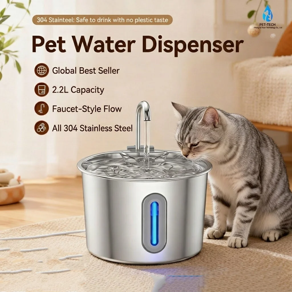 kf-S3287802a3a7c438886109ae151cb592bk Pet Water Fountain 2.2L 304 Stainless Steel with Automatic Water Flow Pet Water Dispenser for Dog and Cat Drinking Water - Image 1