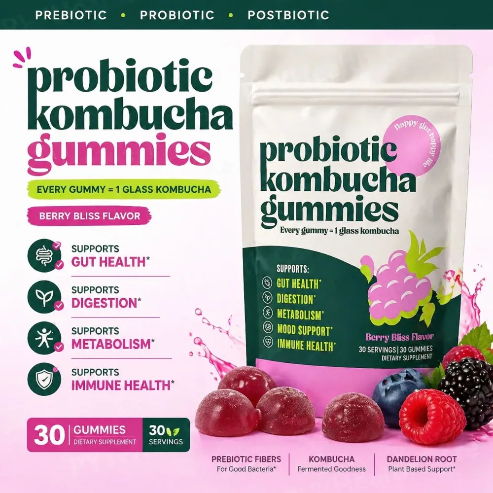 kf-S36e6afad837c4213bfa93b0224b852ccP Kombucha Probiotic Gummies with Prebiotics Fiber Vegan Berry Flavor Daily Supplement Digestive Friendly Formula 30 Count - Image 1
