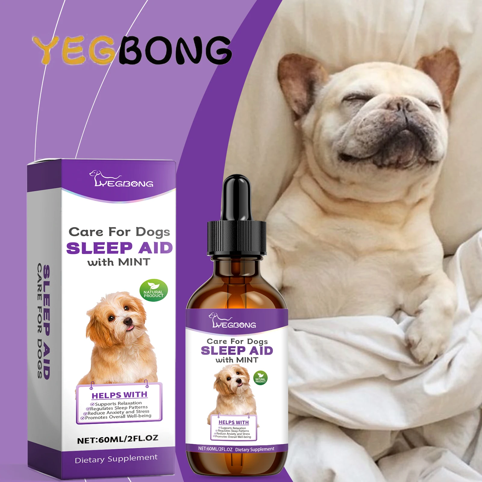kf-S3af3597c8f4c4efdab53fcc2182c6ee8r-1 YEGBONG 60ml Dog Sleep Support Drops with Herbal Nighttime Formula Vet Recommended Calming Care for Canine Anxiety Nighttime - Image 1