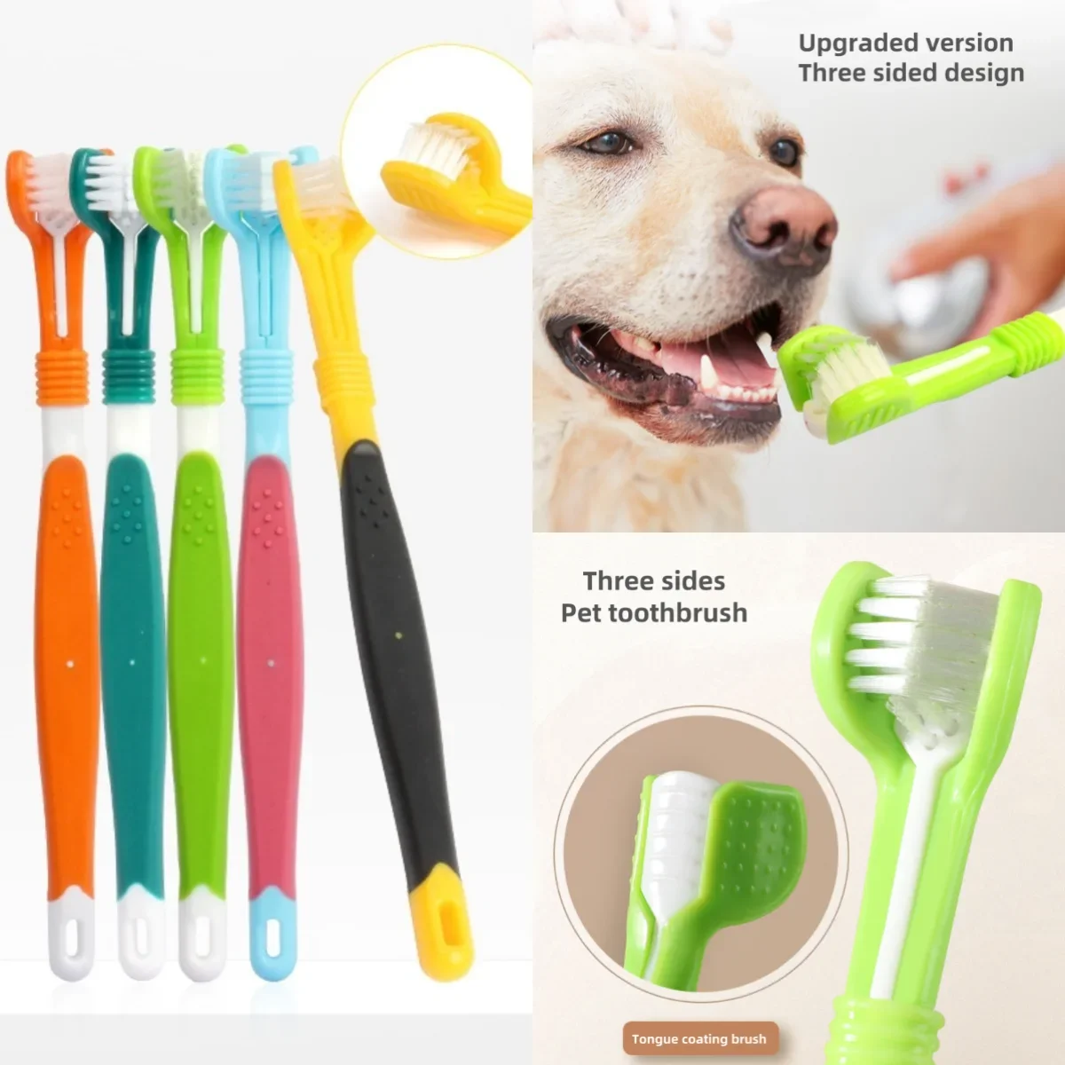 kf-S468fedb81f174457b9c34a21a234d3c8q 3-Head Pet Toothbrush Dogs Oral Cleaning Soft Bristle Toothbrush for Small Breed Easy Grip Handle Gentle on Gums Reduce Plaque - Image 1