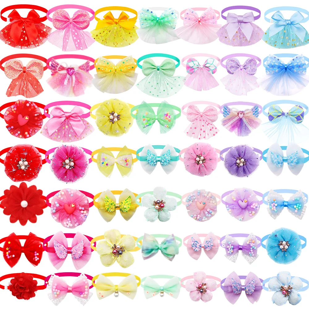 kf-S4b55ce32c6154e9bb7d8ff71cf372496q 50PS Bulk Small Dog Bowtie Fashion Lace Dog Puppy Bowties Ncekties For Dogs Pets Grooming Accessories Spring Pet Supplies - Image 1