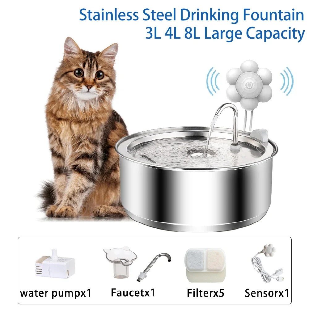 kf-S50be6172dc0b4baab13e5080d4b854eax Stainless Steel Cat Water Fountain Automatic Cat Drinker Drinking Fountain For Cats Dogs Pet Water Dispenser Accessories - Image 1