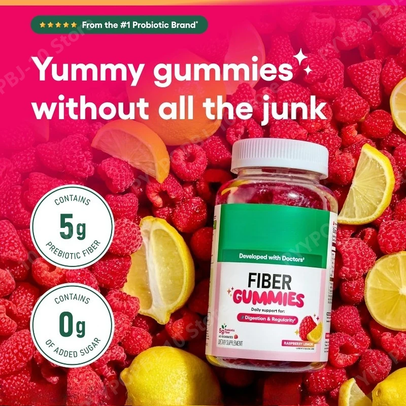 kf-S62160fb72cd840d88d51bbfb5a3156afT Fiber Gummies Digestive Health Regularity Raspberry Lemon Flavor No Sugar Added Vegan Chicory Root Prebiotic 60CT Adults - Image 1
