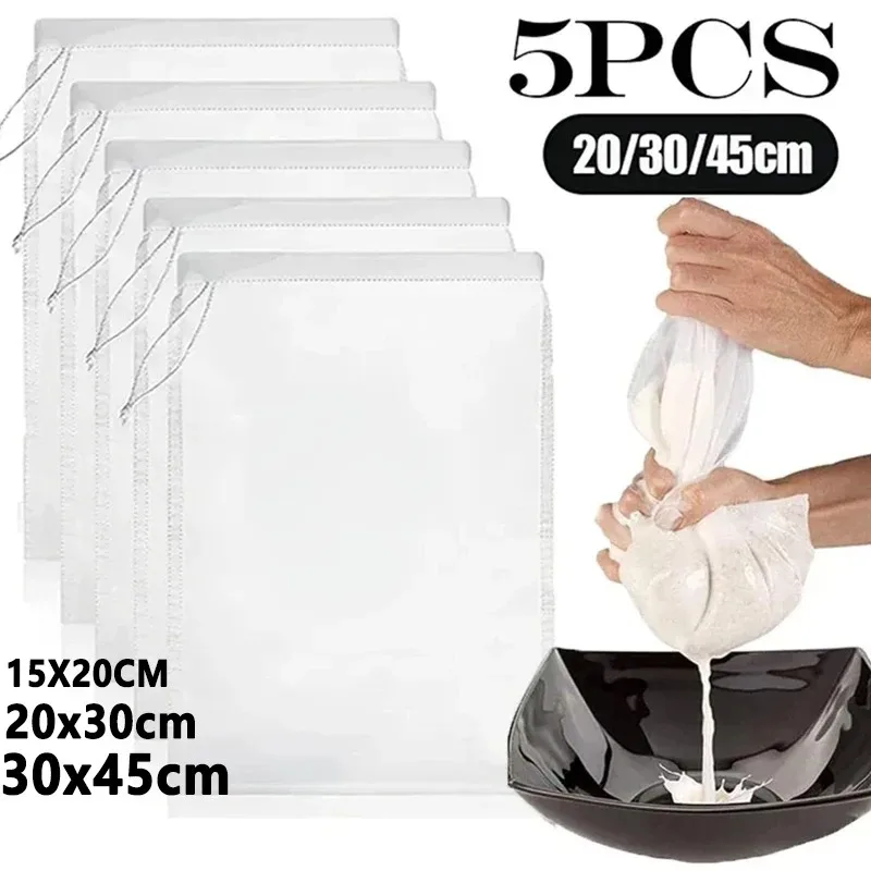 kf-S7ccc3d94ddbe43869962b4935e2f4069R 1/5Pcs Reusable Nut Milk Bags Strainers Unbleached Nylon Cheesecloth Bag Food Cheese Yogurt Filter Kitchen Fine Mesh Strainer - Image 1