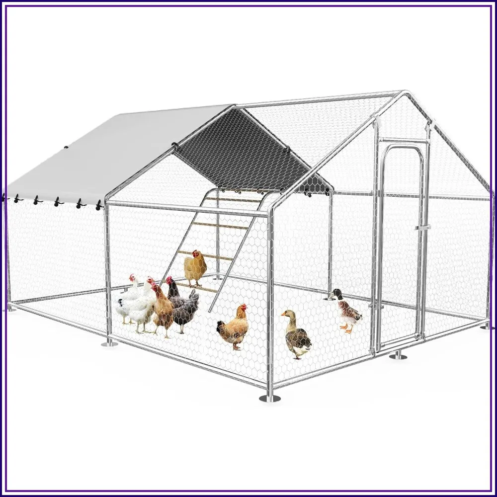 kf-S87effd589fa84edf885053ba3a224de9b Large Metal Chicken Coop 9.8'x13.2'x6.4' Walk-in Run Outdoor Cage Rabbit Duck Hen House Spire Roof - Image 1
