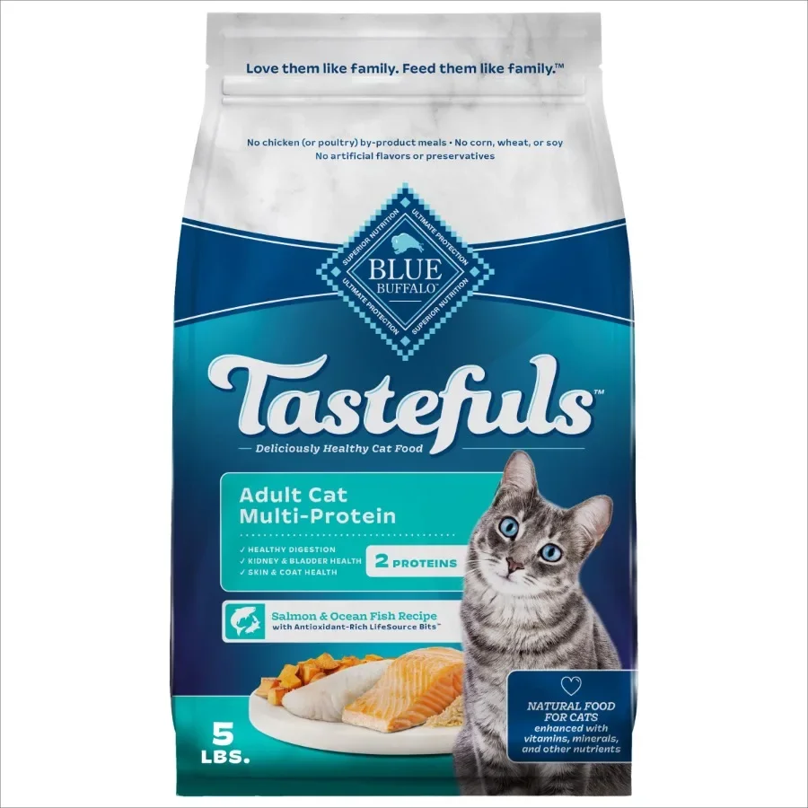 kf-S8a621f171dee4c238893405e3b55b702T Tastefuls Adult Cat Dry Food, Multi-Protein Salmon and Ocean Fish Recipe, 5-lb. Bag - Image 1