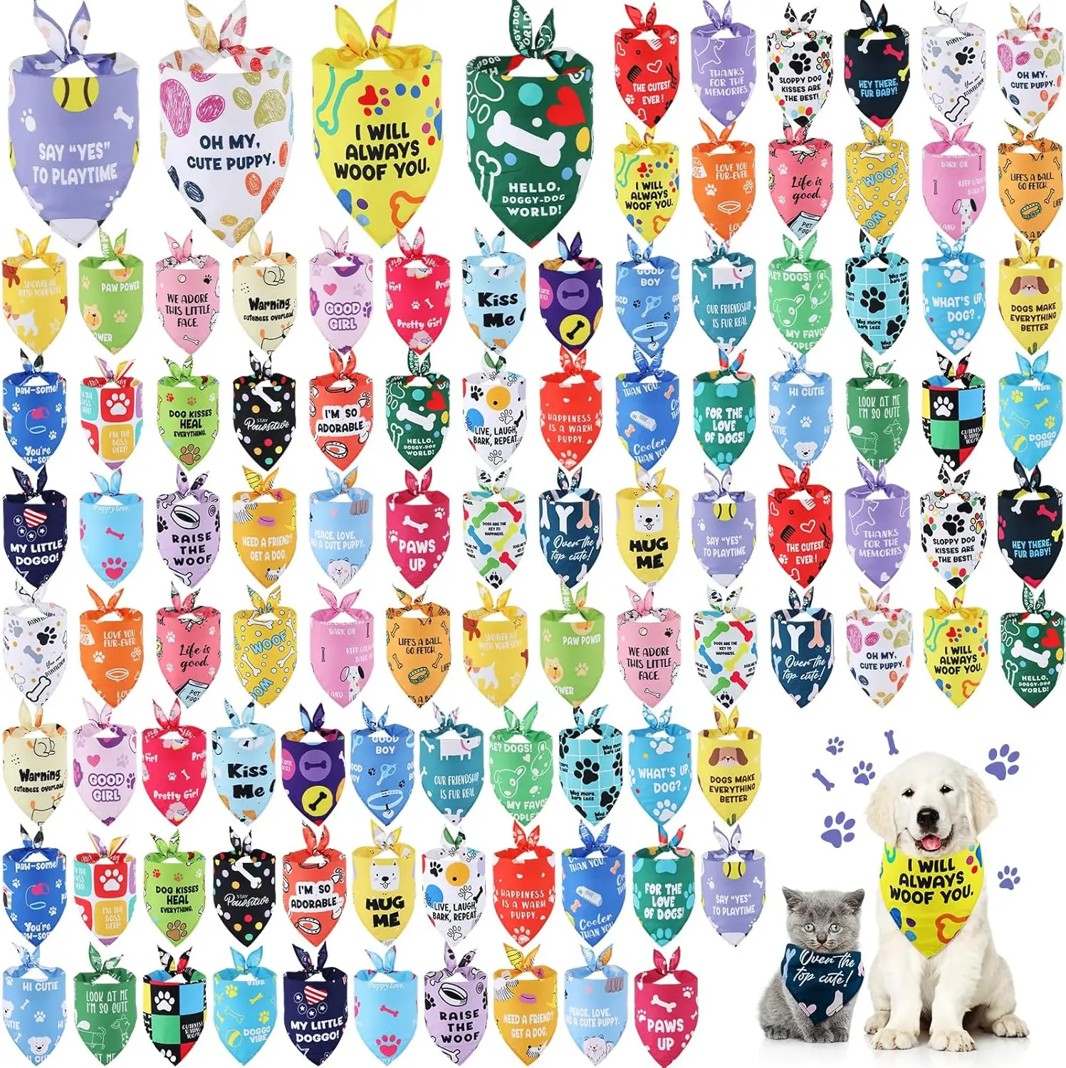 kf-S96087fdd329747a4aedc82e267dd067ar 100Pcs Dog Bandanas Bulk Paw Print Dog Scarf Bibs Puppy Pet Bandanas with Captions Adjustable Washable Triangle Scarf for Pets - Image 1