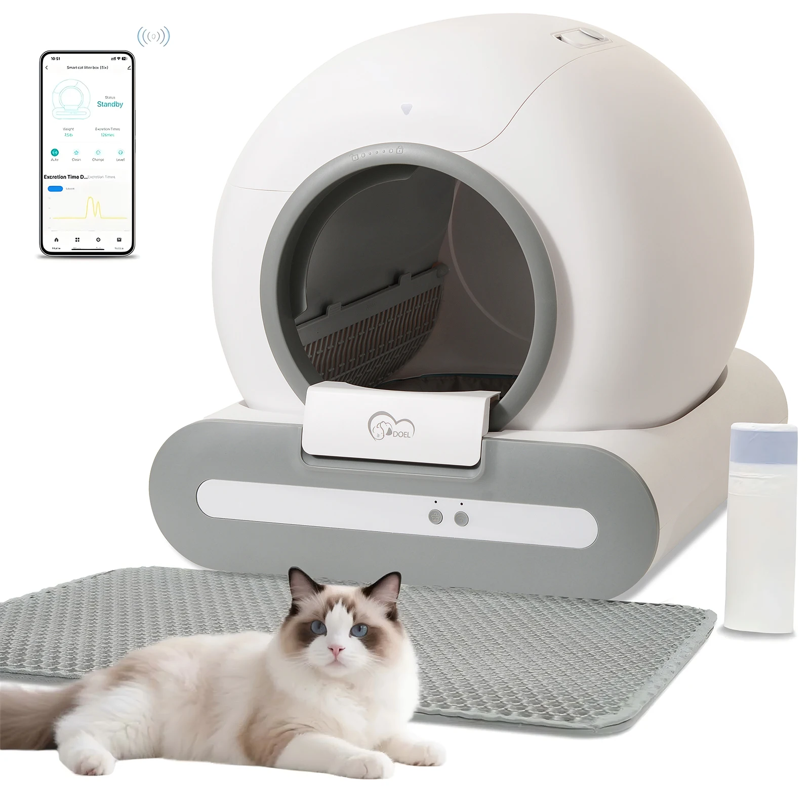 kf-S9e19f12cf70f4317ba07dfcf243dc264E DOEL 65L Self-Cleaning Cat Litter Box App Control, ONLY Supports 2.4G WiFi w/Litter Mat&Trash Bags, Fit for Tofu & Mixed Litter - Image 1
