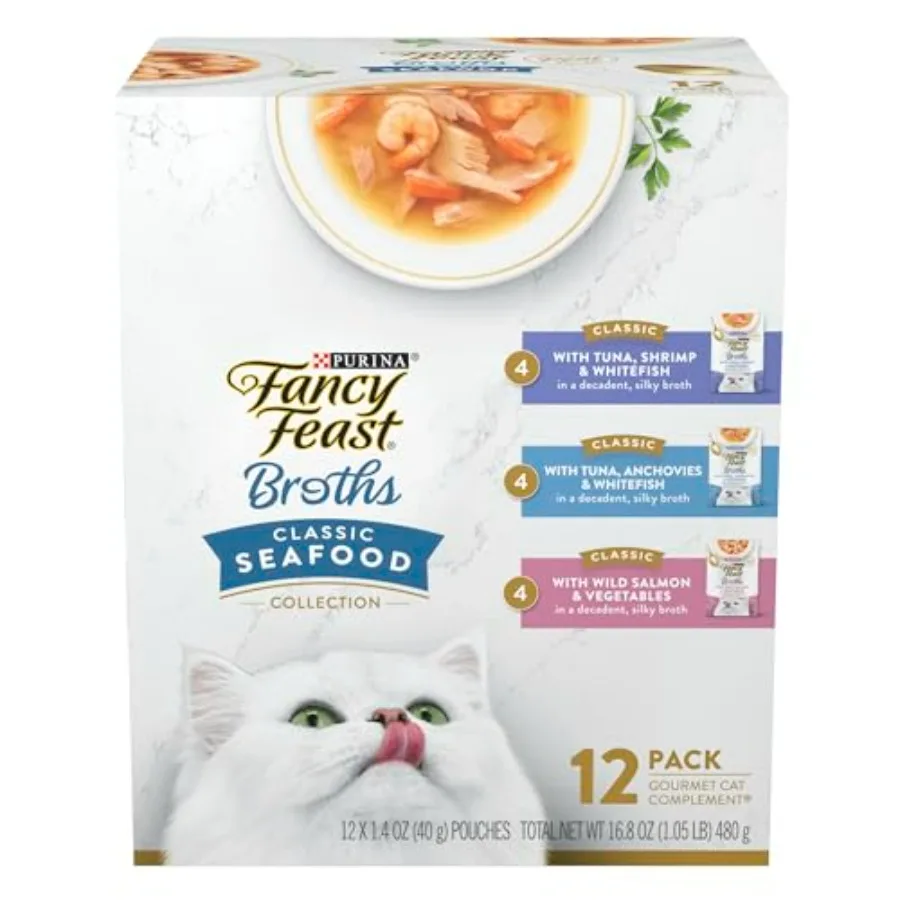 kf-Sa9abefdb76ca46c3829893fc9e3a3ee8N Purina Fancy Feast Lickable Wet Cat Food Broth Complement Classics Collection Variety Pack - Pack of 12 1.4 oz. Pouches - Image 1