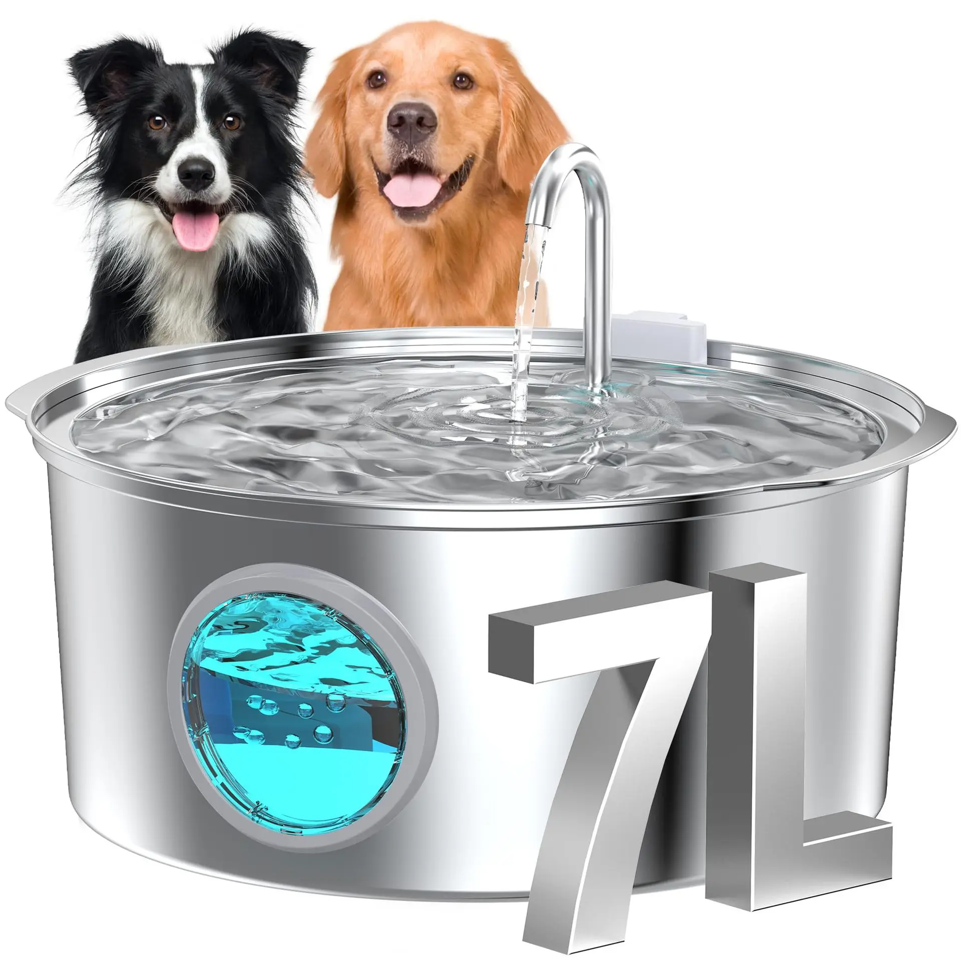 kf-Sacc9dc52ade8460dbf68a21916f32447e 7L/236oz Large Capacity Pet Water Fountain 304 Stainless Steel Cat Water Fountain Ultra Quiet Pet Water Dispenser for Cats Dogs Automatic Drinking Bowl with Filter 24/7 Fresh Filtered Water Bowl for Indoor Cats & Dogs with Window(No 5V 1A Plug) - Image 1