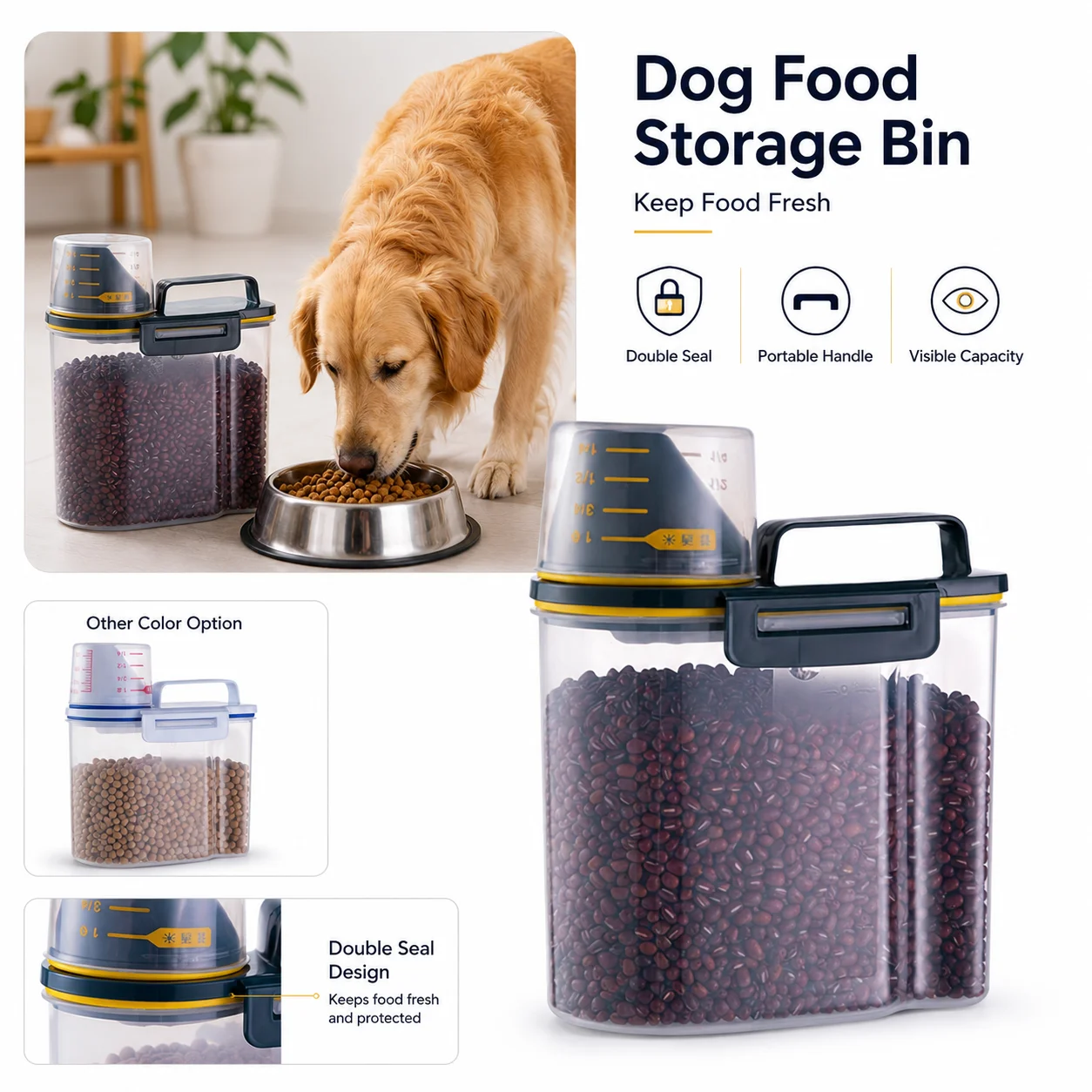 kf-Sbbd09dfaf12b415fa6dd88190741a355U Clear Airtight Rice Storage Container for Kitchen or Dog Food Safety Lock Silicone Seal Portable Handle Square Grain Jar - Image 1