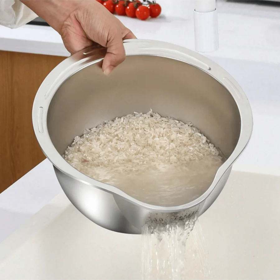 kf-Sc47ca713f43643dc8342a061d98e28efB Stainless Steel Rice Washing Bowl with Drain Holes, 2-in-1 Vegetable Fruit Strainer Colander Basket for Kitchen Sink - Image 1