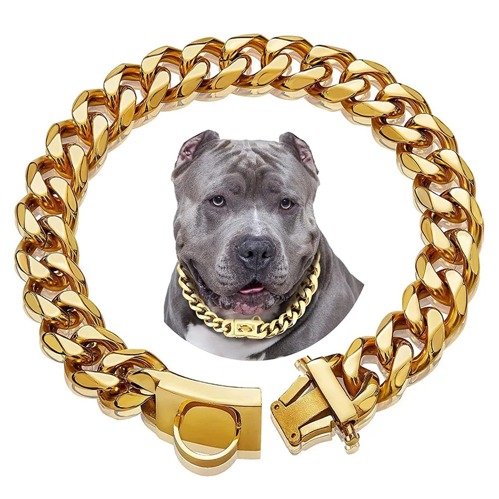 kf-Sc9bf6bae96fb4395abac58000370e5a2M 19mm Gold Chain Dog Collar Luxurious Sliver Gold Cuban Link Dog Collar with Secure Snap Buckle for Medium and Large Pit Bulls - Image 1