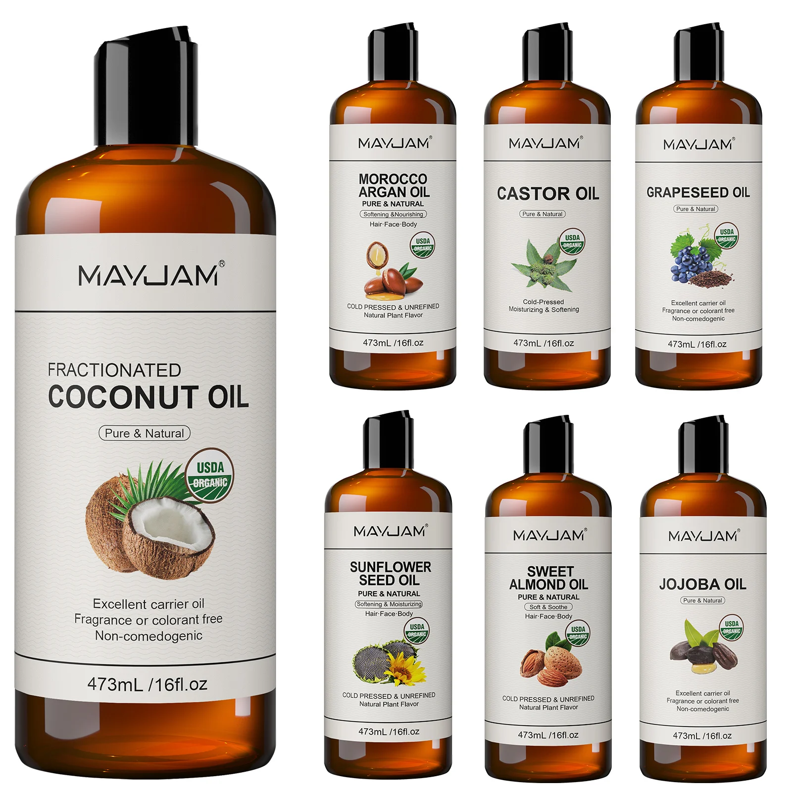 kf-Scd6c63bae6384aa8b9a28fde38d7ac13y USDA Organic Coconut Oil for Skin Face Hair Cold-Pressed Sweet Almond Moroccan Argan Sunflower Seed Oil for Massage Moisturize - Image 1