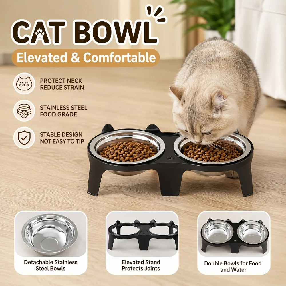 kf-Sd124cefaf9fe4cef8d6ead2b3aa50ba5a 2-in-1 Cat Food Bowl Set, 2 Stainless Steel Bowls,Non-tipping Cat Food and Water Bowl for Cats,Pet Feeding Bowl for Chin Rubbing - Image 1