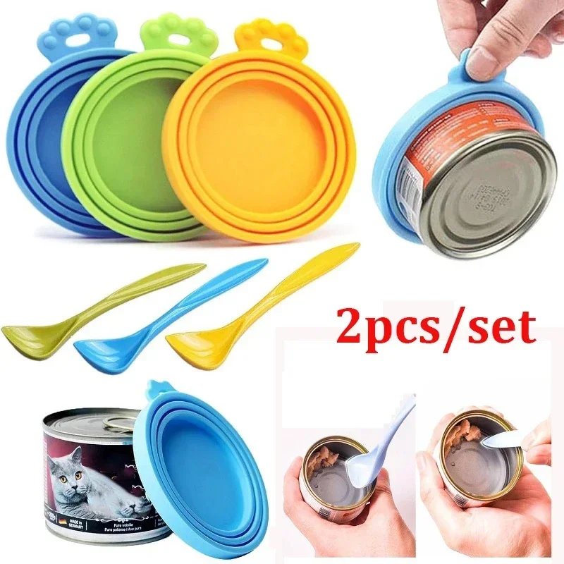 kf-Sd40b3e003a9d4bacbf6798184900639fo 2pcs/set Reusable Pet Food Can Cover Silicone Dogs Cats Storage Tin Cap Lid Seal Cover with Spoon - Image 1