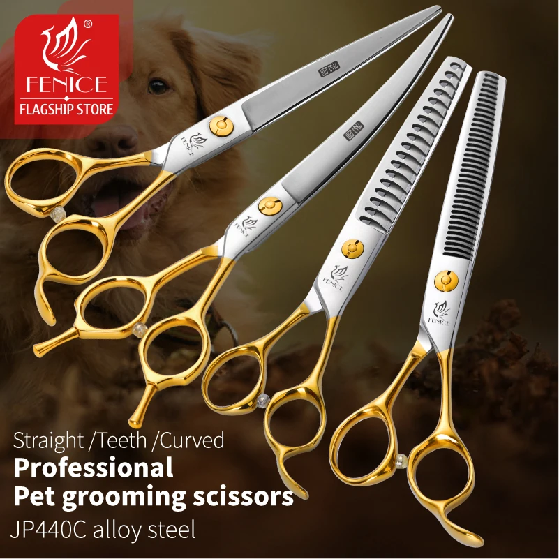 kf-Se1ade38032ed442bbe1437536c8690afk Fenice JP440C Steel Professional Pet Scissors Straight&Thinning&Curved Grooming Shears Tool Set - Image 1