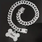 Trendy Hip-hop Pet Collar Cuban Chain Dog Chain Full Diamond Necklace Lock Buckle Rhinestone Bone Custom Pendant - Image 5