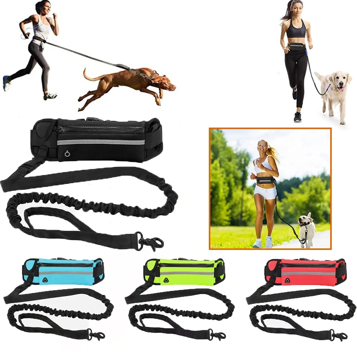 kf-Se99d5bcd57954552855c8fc16903e55dJ Hands Free Dog Leash Reflective Leash with Waist Bag Dog Traction Rope Retractable Elastic Belt for Running Walking Pet Product - Image 1