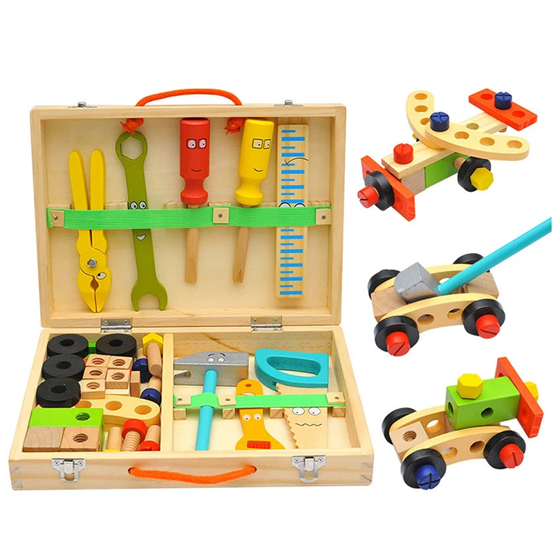 kf-Sed97cfa63d934eec9ac2e8ef8eac0cc85 Educational Montessori Kids Toys Plastic Wooden Toolbox Pretend Play Set Children Nut Screw Assembly Simulation Carpenter Tool - Image 1
