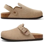 2026 Women Cow Suede Clogs With Adjustable Buckle Cork Leather Mules Comfortable Slip on Women Slippers Outdoor Cork Clogs