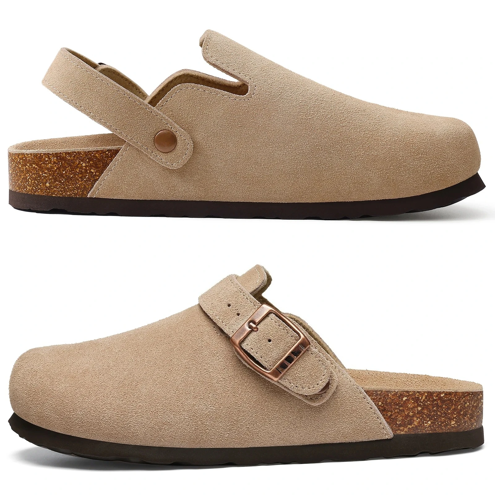kf-Sf39e65b2a44145cda9ee0de9ca80bfeai 2026 Women Cow Suede Clogs With Adjustable Buckle Cork Leather Mules Comfortable Slip on Women Slippers Outdoor Cork Clogs - Image 1