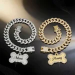 Trendy Hip-hop Pet Collar Cuban Chain Dog Chain Full Diamond Necklace Lock Buckle Rhinestone Bone Custom Pendant
