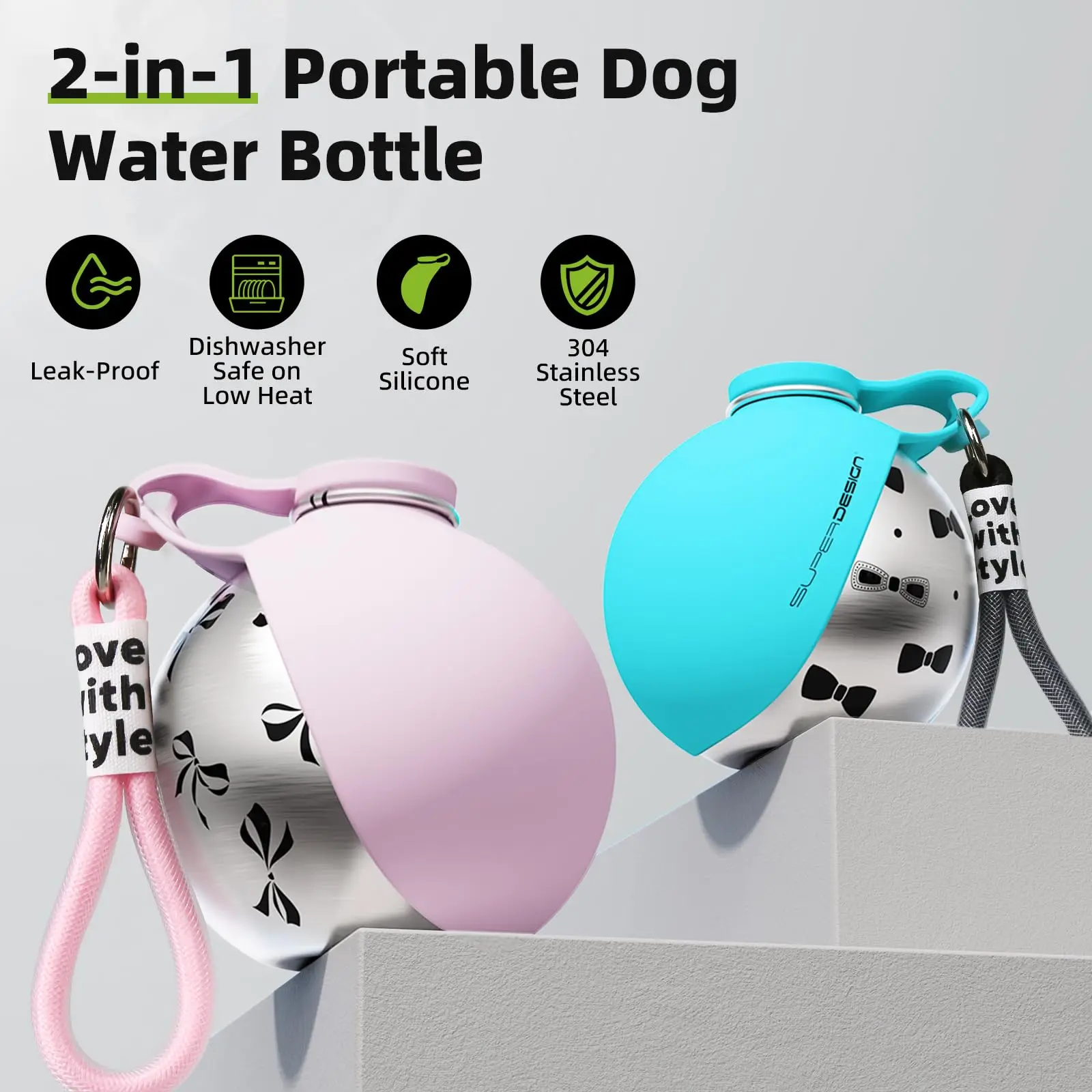 kf-A5eabf5bad6b946bbb574c70ed2916f9eJ 2-in-1 Portable Dog Water Bottle for Small Dogs - Leak-Proof & Compact Dog Travel Water Bottle -Stainless Steel Bottle & Silicon - Image 1