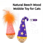 Cat Tumbler Toy with Natural Beech Base – Turkey Feather & Catnip Interactive Play, Self-Righting Design