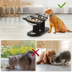 Elevated Cat Food Bowl with Black Wooden Support Frame Stainless Steel Cats Bowls 15° Stand Sloped Feeding & Watering Supplies - Image 2