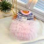 Fashion Pink Tulle Dog Dress Striped Knit Pet Outfit with D-Ring for Small Dogs Cats Photoshoot & Daily Wear - Image 2
