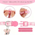 Pink Cat Collar with Bell,, Bow and Flower Pendant, Adjustable Kitten Collars ,Cute Pink Plaid and Bow Design - Image 3