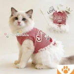 Bichon Frize Pet Dog and Cat Clothe Spring and Summer Thin Breathable Red Striped Cherry Vest Dress Couple Wear Pink Cute Beauty - Image 2