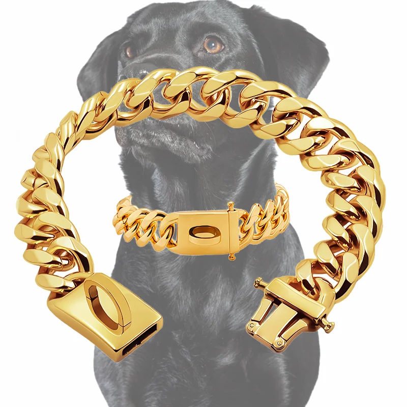 kf-S2cedf559d61e4930909b7e70dfe7211cA Gold Dog Collar Stainless Steel Metal Pet Choker Silver 19mm Wide Lead for Medium Large Dogs French bulldog Labrador Retriever - Image 1