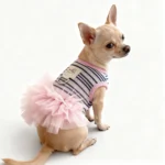Fashion Pink Tulle Dog Dress Striped Knit Pet Outfit with D-Ring for Small Dogs Cats Photoshoot & Daily Wear