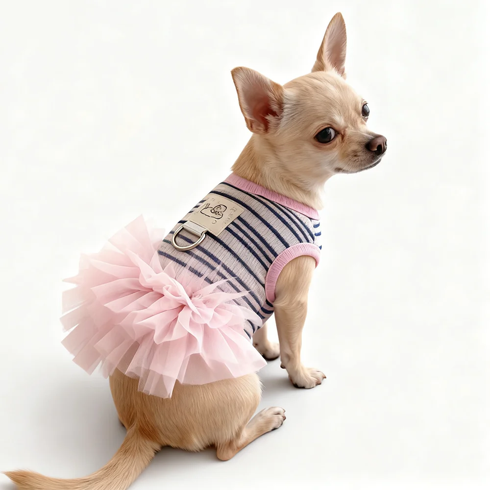 kf-S35263c42097f441aa3d8ea6d62e56961D Fashion Pink Tulle Dog Dress Striped Knit Pet Outfit with D-Ring for Small Dogs Cats Photoshoot & Daily Wear - Image 1