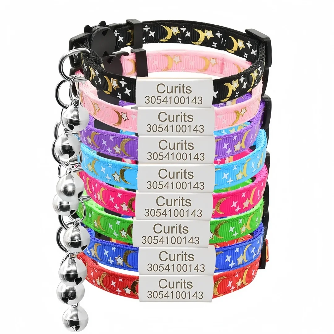 kf-S386ee4667ea4449f9f199c32c2d14cb6O Personalized Customizable Star & Moon Quick Release Kitten Cat ID Collar Puppy Dog Engraved Tag For Small Dogs Cats - Image 1