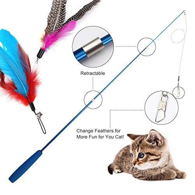 kf-S3be817087b0644308be7777fc09f913bk Pet Cat Toy Super Long Three Section Telescopic Rod Cat Teaser Stick Feather Replacement Head Cat Teaser Supplies New - Image 1