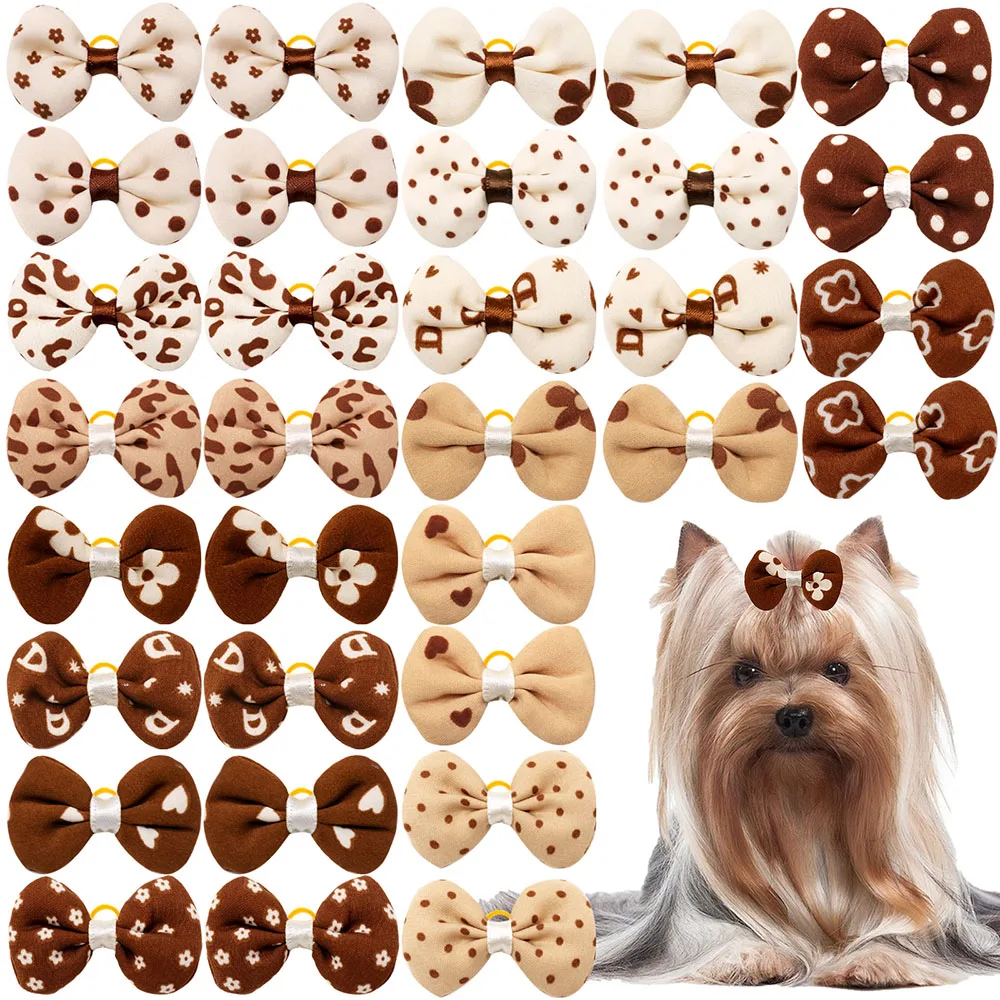 kf-S40a5349aba84438e8a37be70ba27382fX 10/20/30PCS Dog Bows With Rubber Bands Handmade Brown Style Puppy Head Flower Handmade Pet Supplies For Dogs Bows Supplies - Image 1