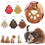 Pet Paw Print Leather Keepsake AirTag Case, Dog Cat Fur Storage Holder with Key Ring, Protective Cover for Tracker, Cute Memori